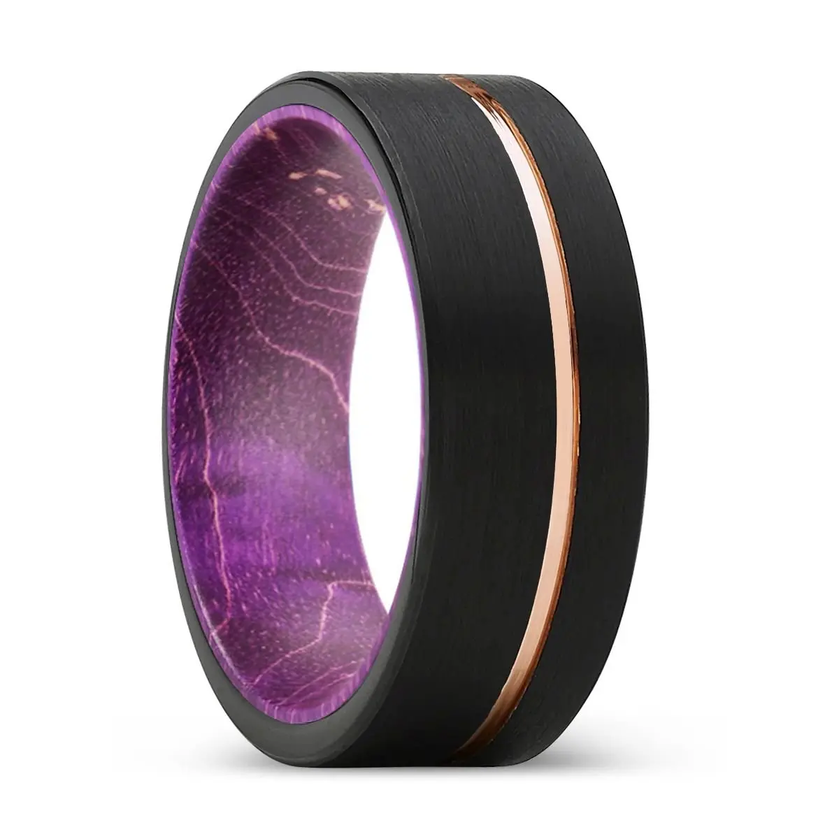 Virtue | Purple Wood, Black Tungsten Ring, Rose Gold Offset Groove, Brushed, Flat 1