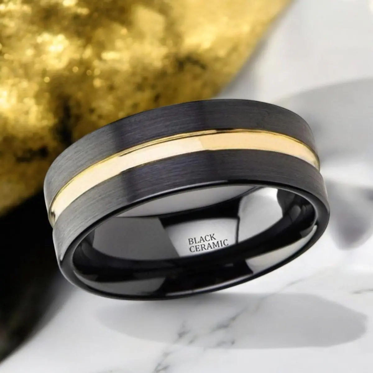 Vivaldi | Black Ceramic Ring, Yellow Gold Groove, Flat 2