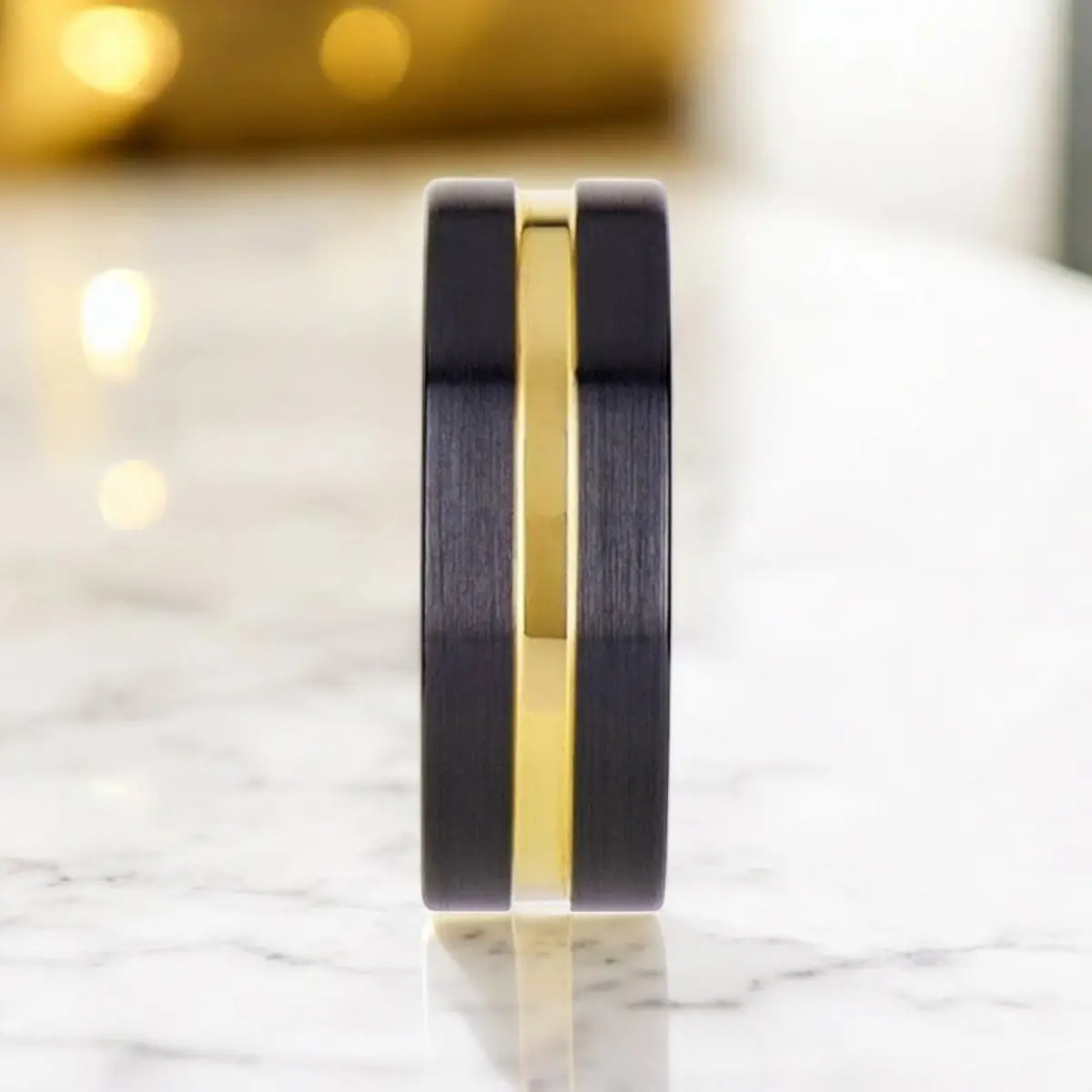 Vivaldi | Black Ceramic Ring, Yellow Gold Groove, Flat 4