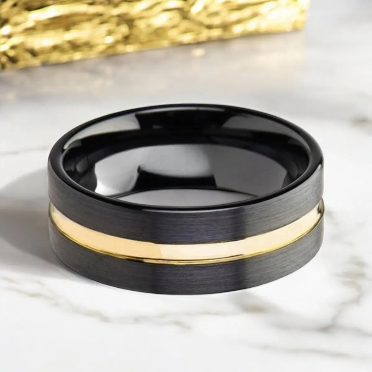 Vivaldi | Black Ceramic Ring, Yellow Gold Groove, Flat 5