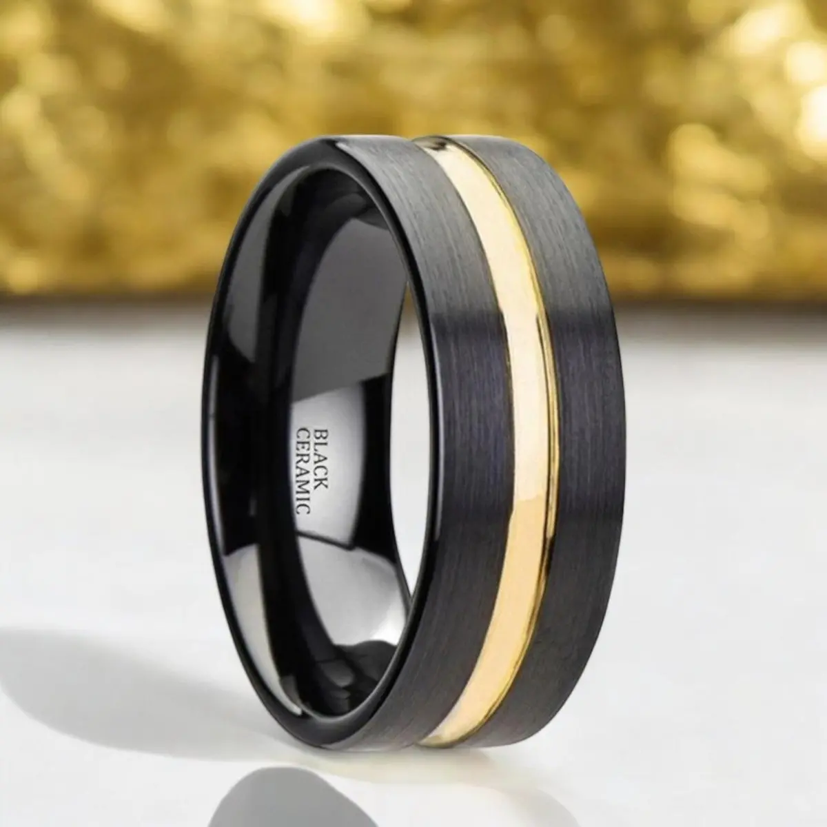 Vivaldi | Black Ceramic Ring, Yellow Gold Groove, Flat 1