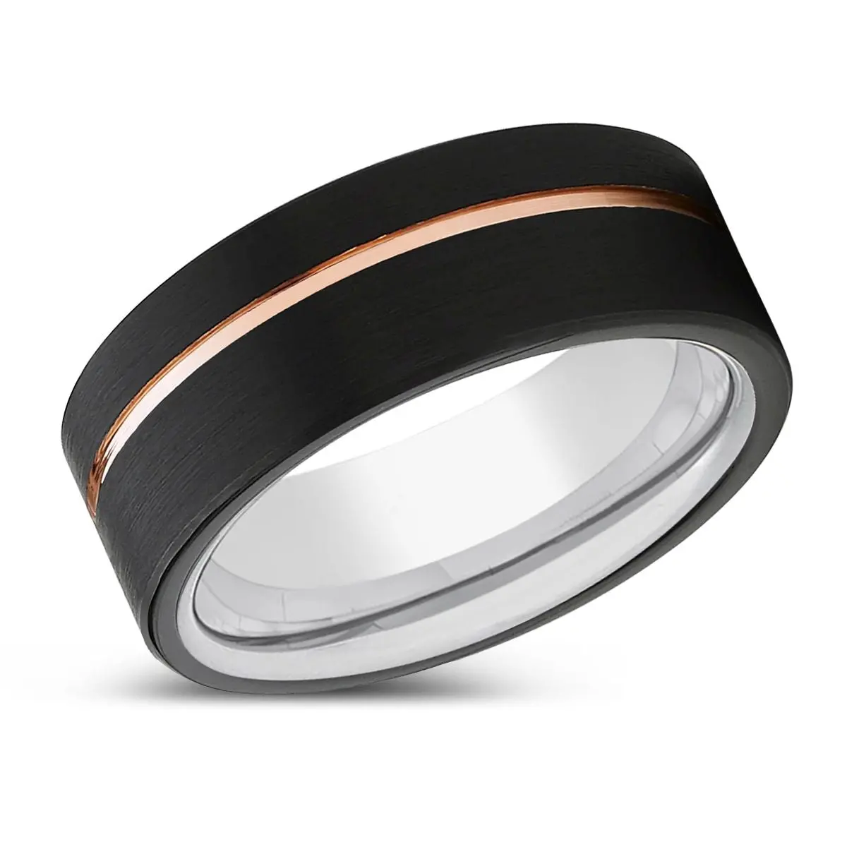 Voyage | Silver Ring, Black Tungsten Ring, Rose Gold Offset Groove, Brushed, Flat 2