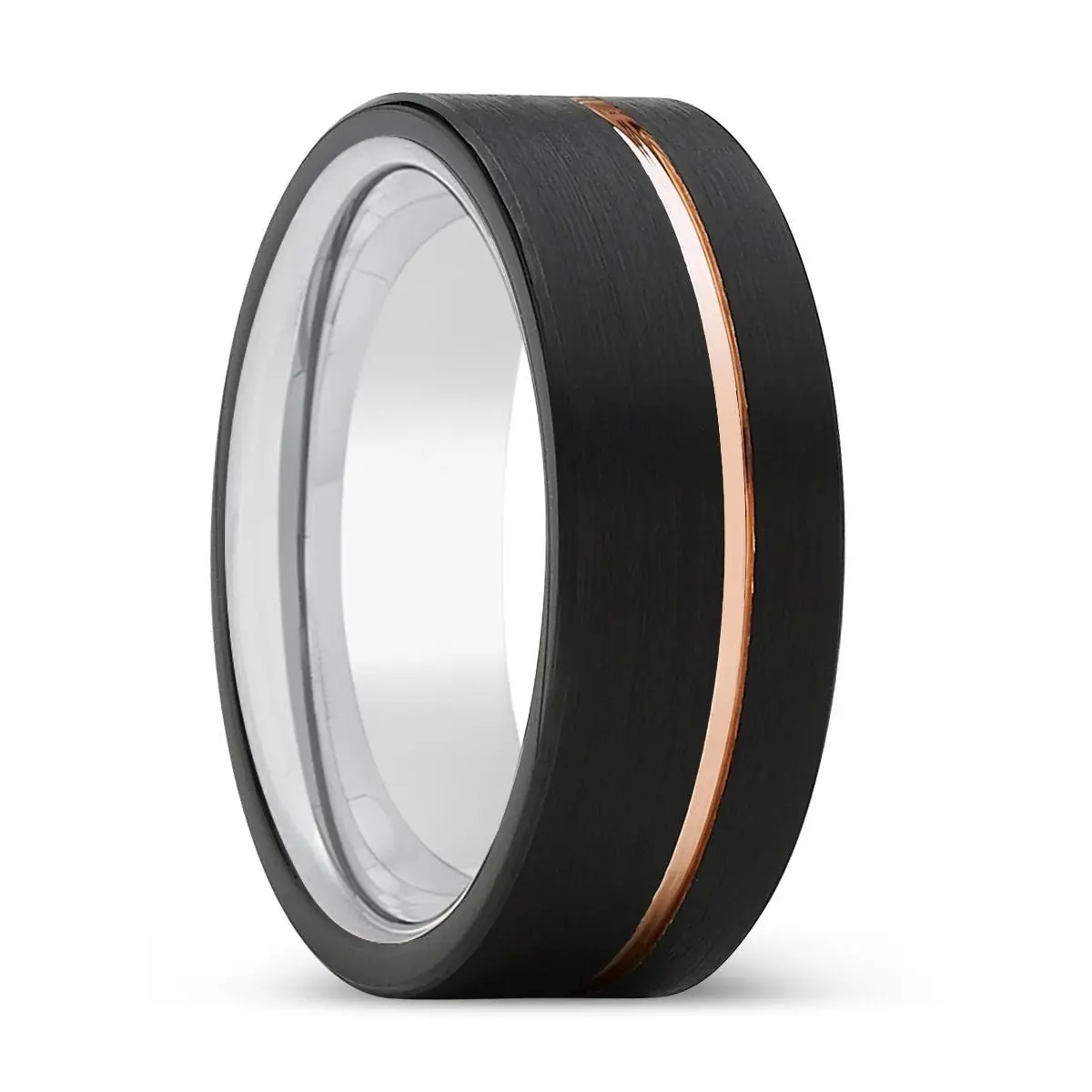 Voyage | Silver Ring, Black Tungsten Ring, Rose Gold Offset Groove, Brushed, Flat 1