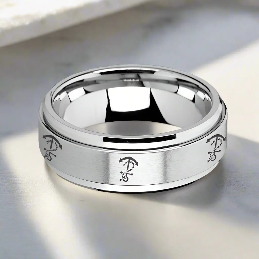 Voyage | Silver Tungsten Ring, Fidget Spinner, Laser Engraved Artistic Anchor, Beveled 3