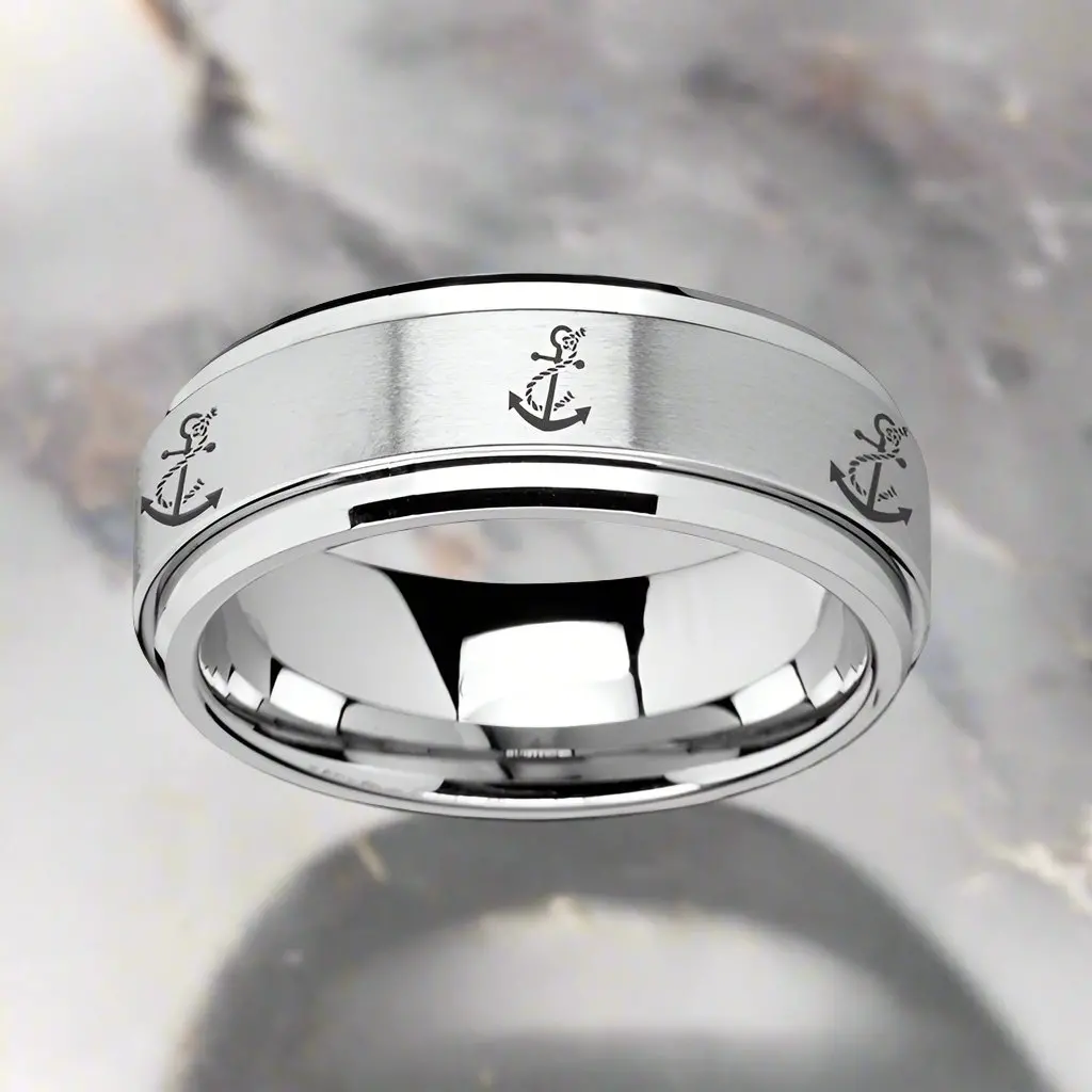 Voyage | Silver Tungsten Ring, Fidget Spinner, Laser Engraved Artistic Anchor, Beveled 1