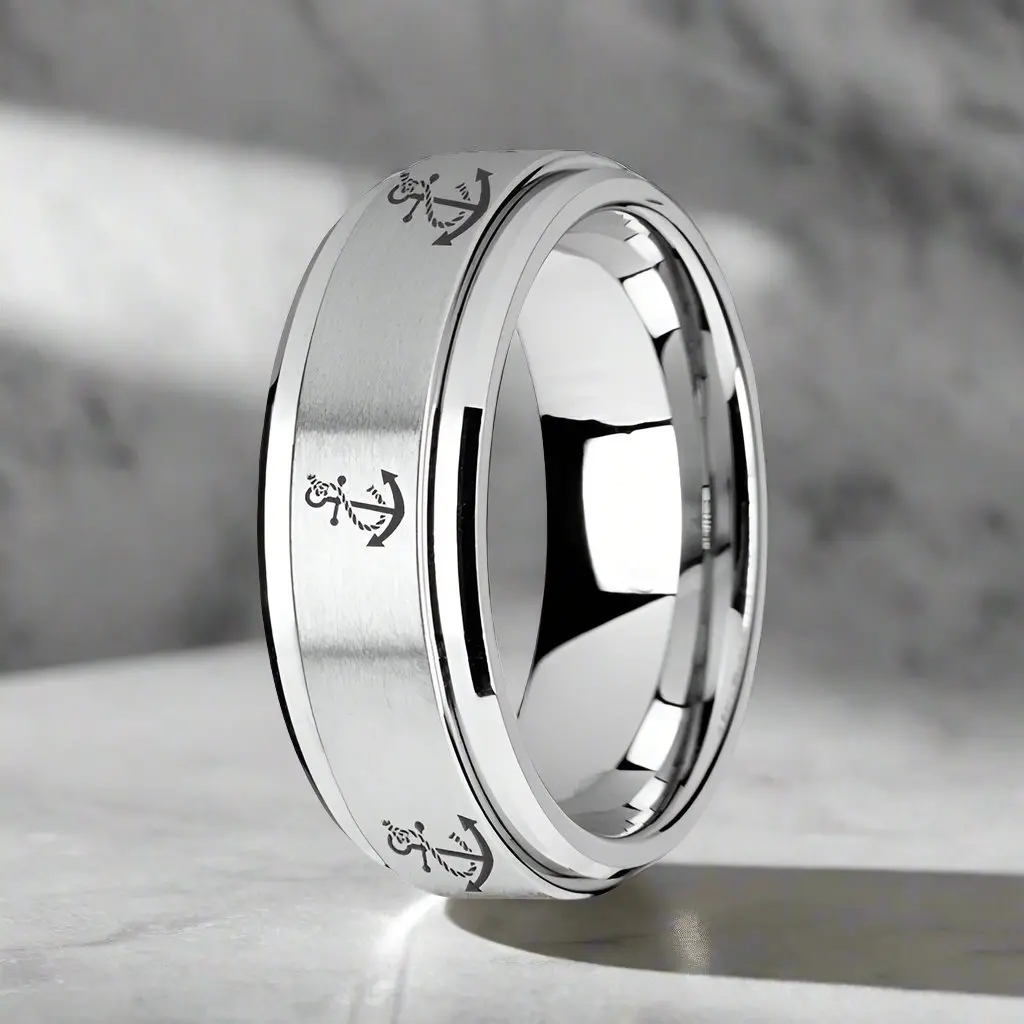 Voyage | Silver Tungsten Ring, Fidget Spinner, Laser Engraved Artistic Anchor, Beveled 2