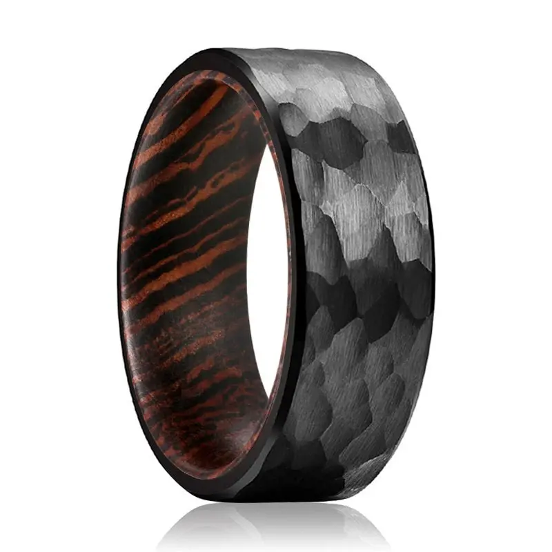 Voyager | Wenge Wood, Black Tungsten Ring, Hammered, Flat 1