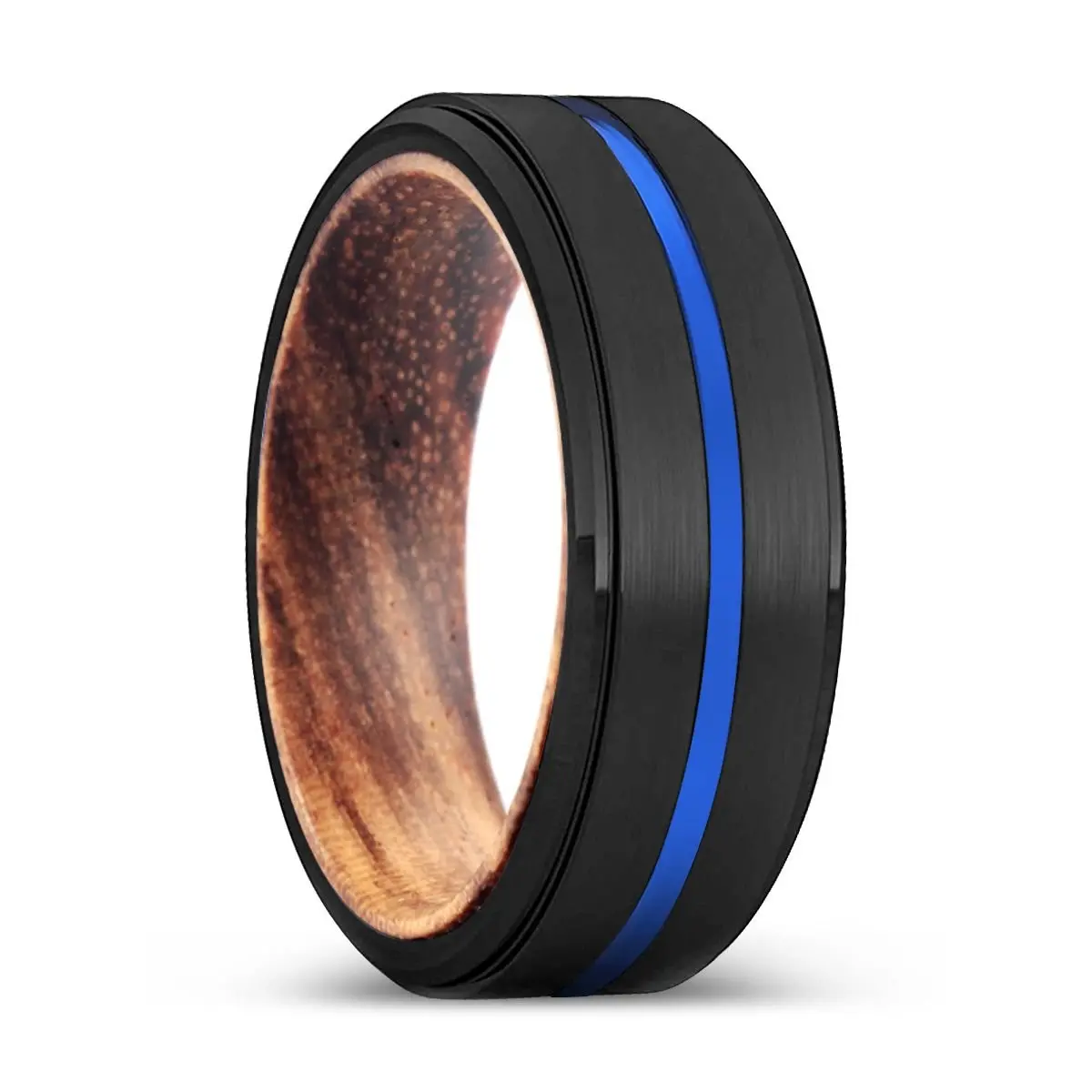 Vulcan | Zebra Wood, Black Tungsten Ring, Blue Groove, Stepped Edge 1
