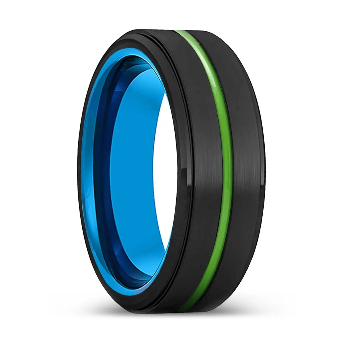Waco | Blue Tungsten Ring, Black Tungsten Ring, Green Groove, Stepped Edge 1