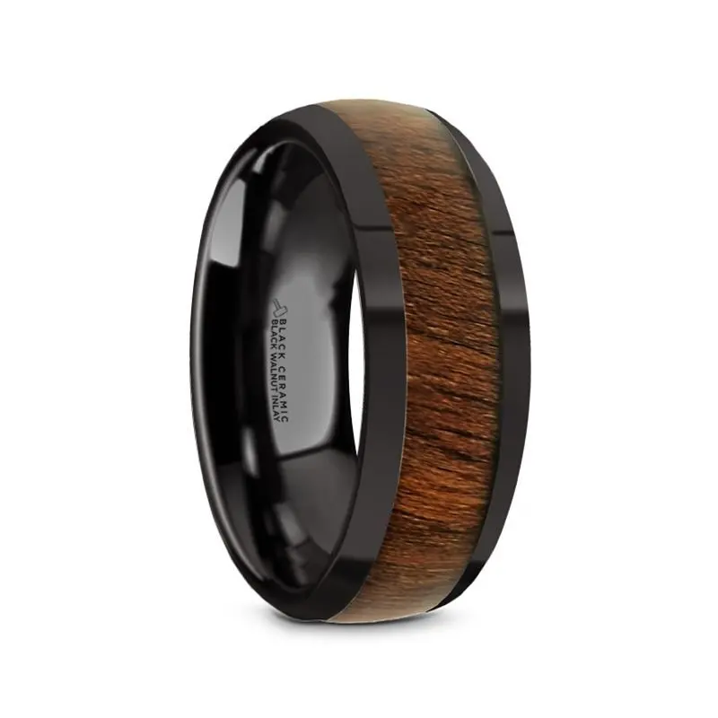 Wallace | Black Ceramic Ring, Black Walnut Wood Inlay, Domed 1