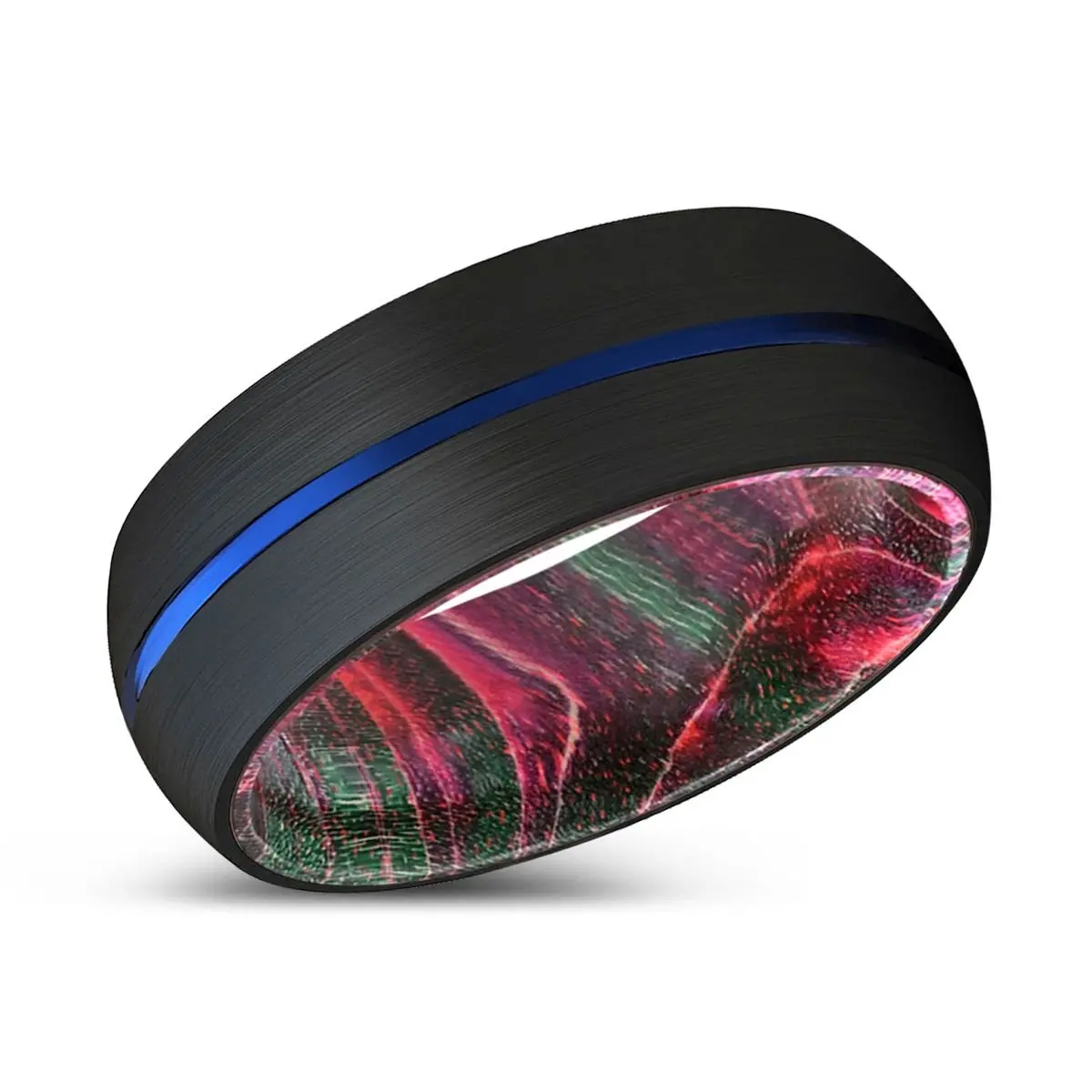 Wallace | Green & Red Wood, Black Tungsten Ring, Blue Groove, Domed 2