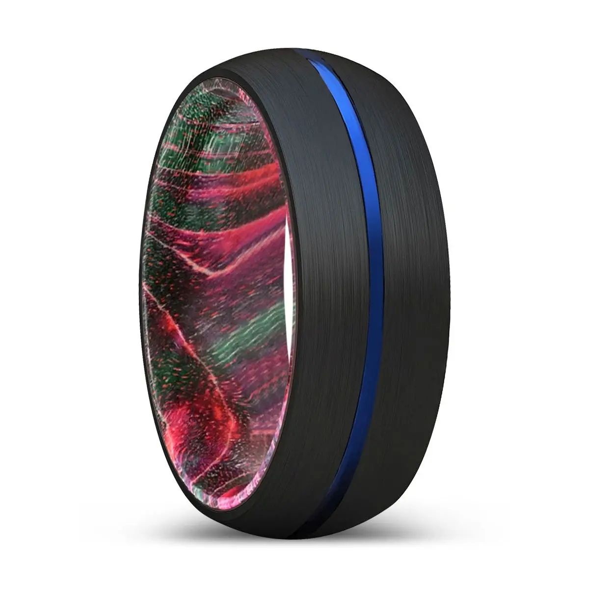 Wallace | Green & Red Wood, Black Tungsten Ring, Blue Groove, Domed 1
