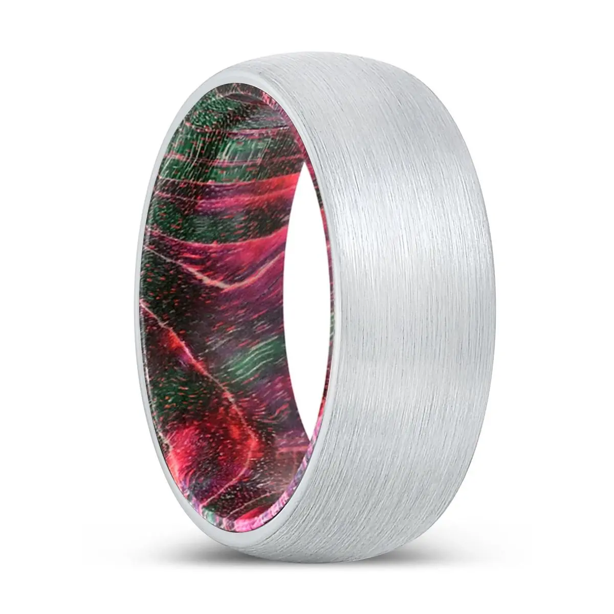Wandering | Green & Red Wood, White Tungsten Ring, Brushed, Domed 1