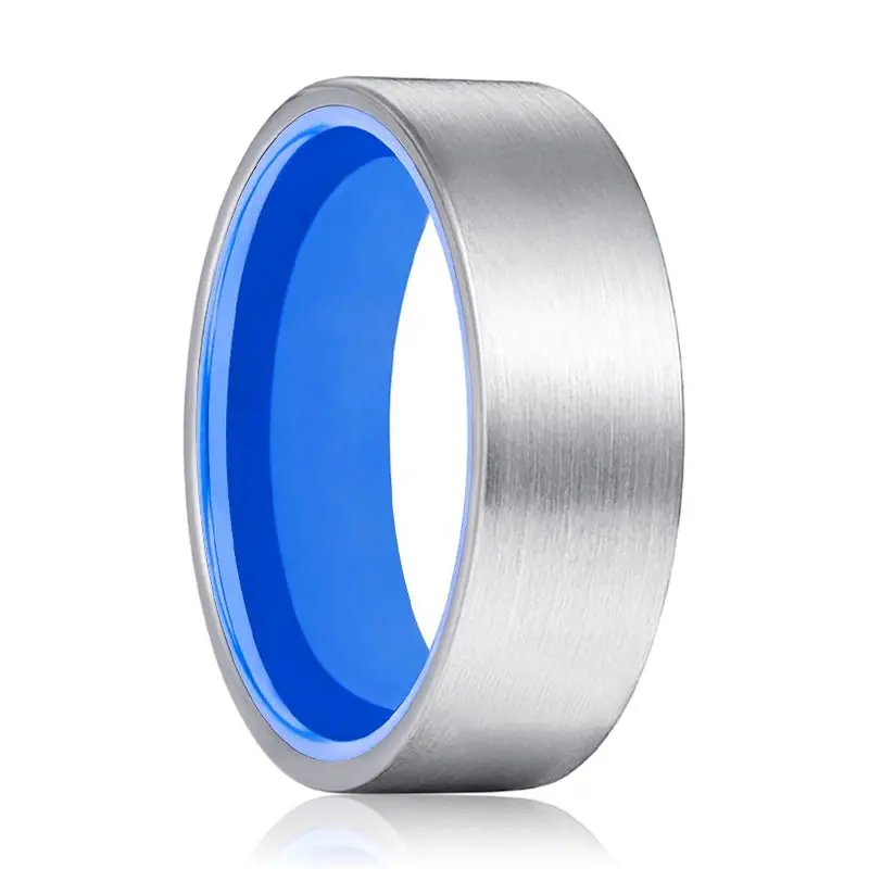 Wave | Blue Ring, Silver Tungsten Ring, Brushed, Flat 1