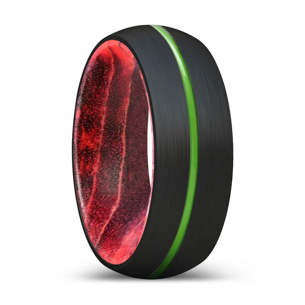 Wayde | Black & Red Wood, Black Tungsten Ring, Green Groove, Domed 1
