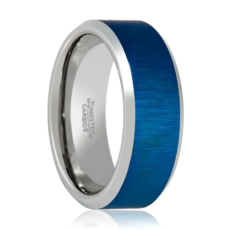 Waylon | Silver Tungsten Ring, Blue Brushed, Beveled 1
