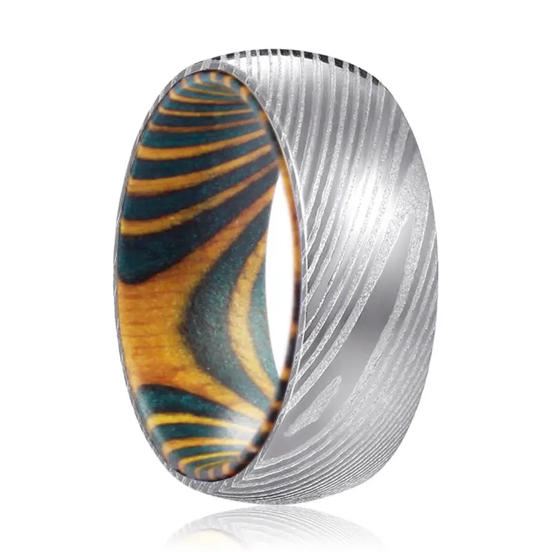 Wedge | Green & Yellow Wood, Silver Damascus Steel, Domed 1