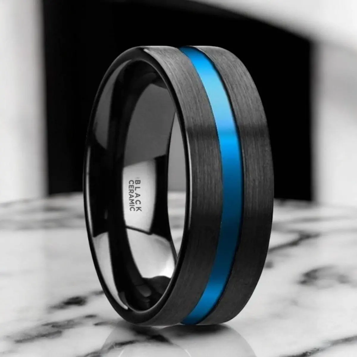 Westley | Black Ceramic Ring, Blue Grooved Center, Flat 1