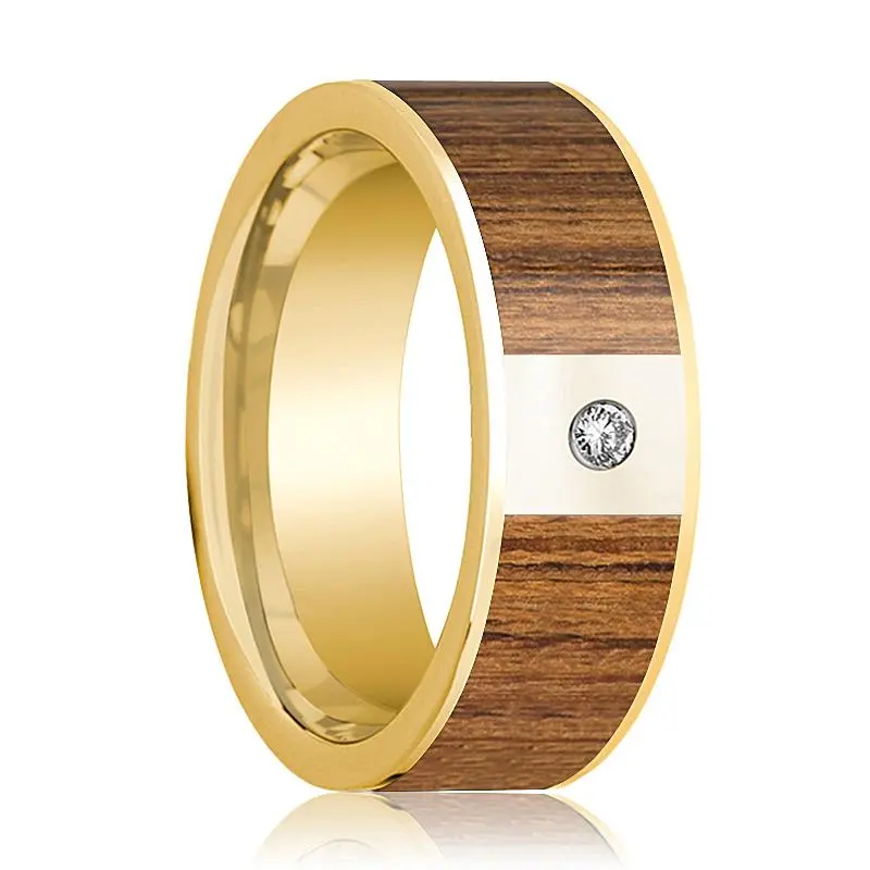 White Diamond & 14K Gold Wedding Band For Men With Teak Wood Inlay - 8Mm 1