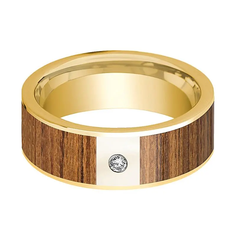 White Diamond & 14K Gold Wedding Band For Men With Teak Wood Inlay - 8Mm 2