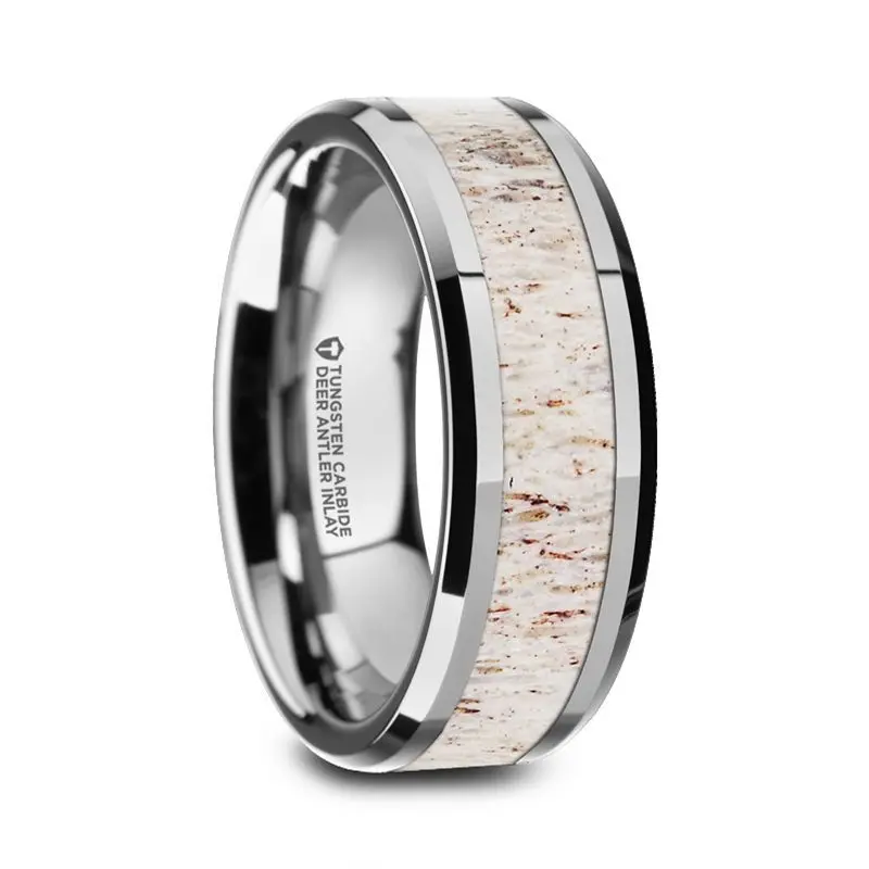Whitetail | Silver Tungsten Ring, Off-White Deer Antler Inlay, Beveled 1