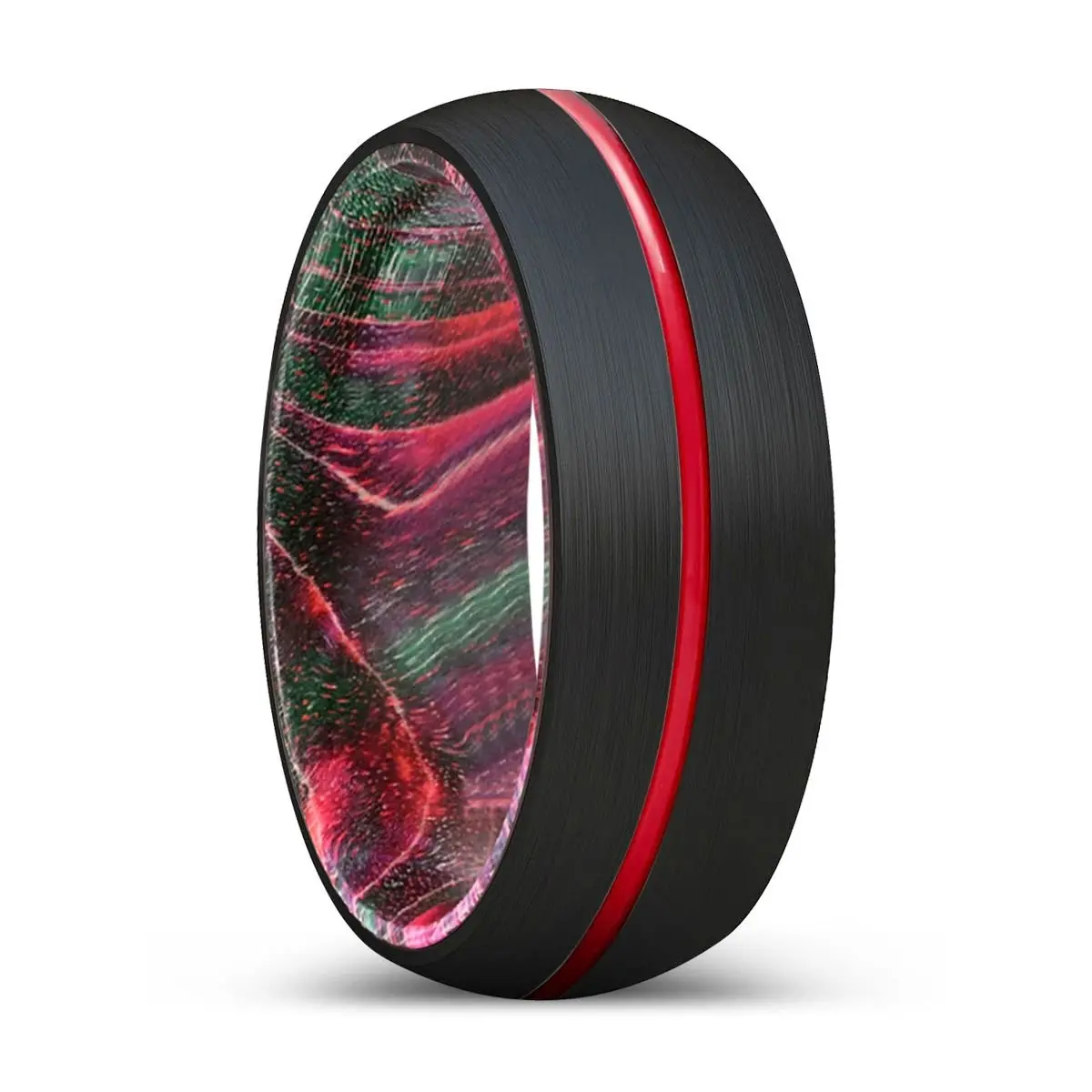 Wicked | Green & Red Wood, Black Tungsten Ring, Red Groove, Domed 1
