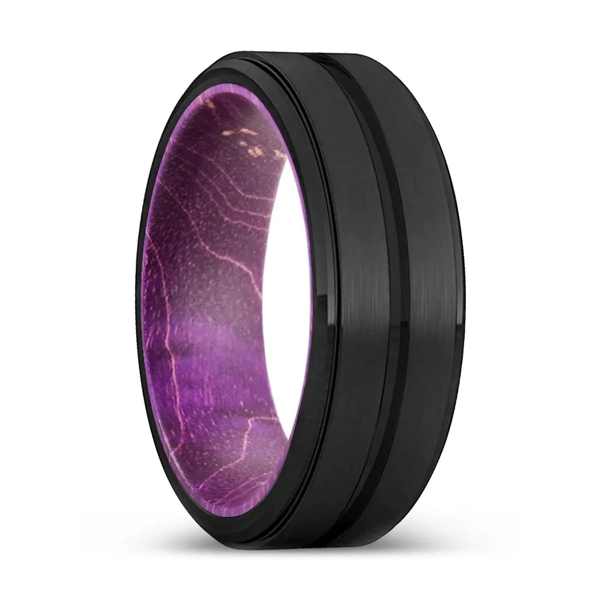 Wilde | Purple Wood, Black Tungsten Ring, Grooved, Stepped Edge 1