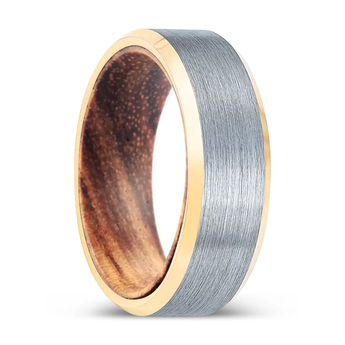Wildleaf | Zebra Wood, Brushed, Silver Tungsten Ring, Gold Beveled Edges 1