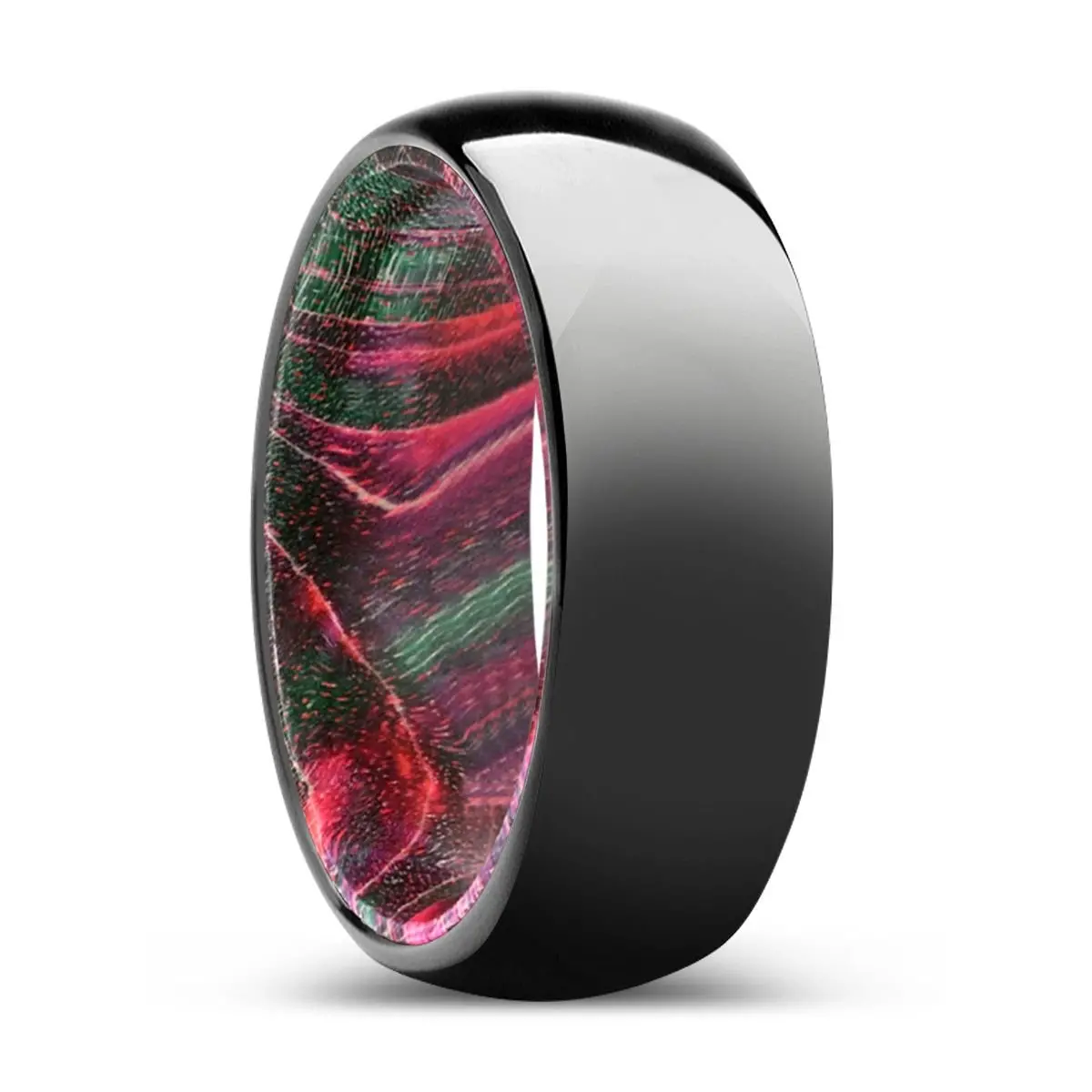 Wildwood | Green & Red Wood, Black Tungsten Ring, Shiny, Domed 1