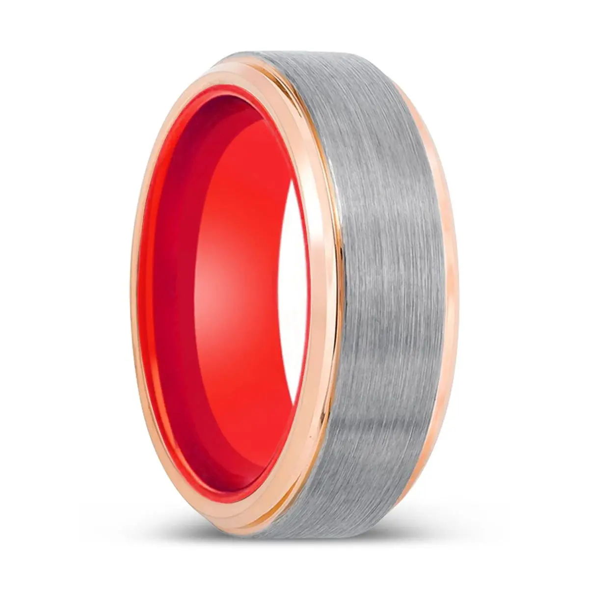 Wildy | Red Ring, Silver Tungsten Ring, Brushed, Rose Gold Stepped Edge 1