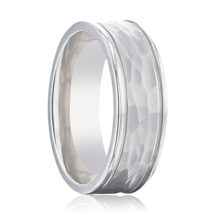 William Hammered Finish Center White Titanium Men's Wedding Band With Dual Offset Grooves And Polished Edges - 8Mm 1