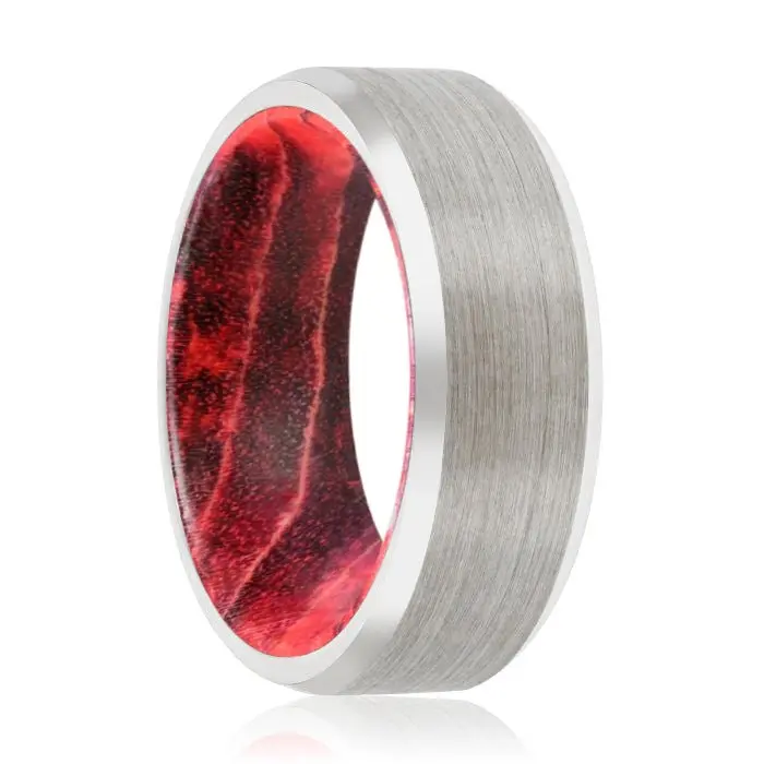 Willow | Black & Red Wood, Silver Tungsten Ring, Brushed, Beveled 1