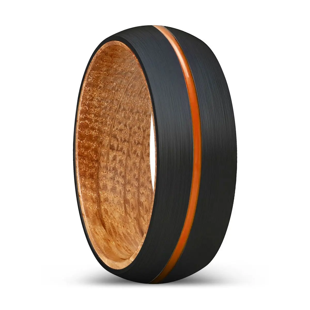 Windrose | Whiskey Barrel Wood, Black Tungsten Ring, Orange Groove, Domed 1