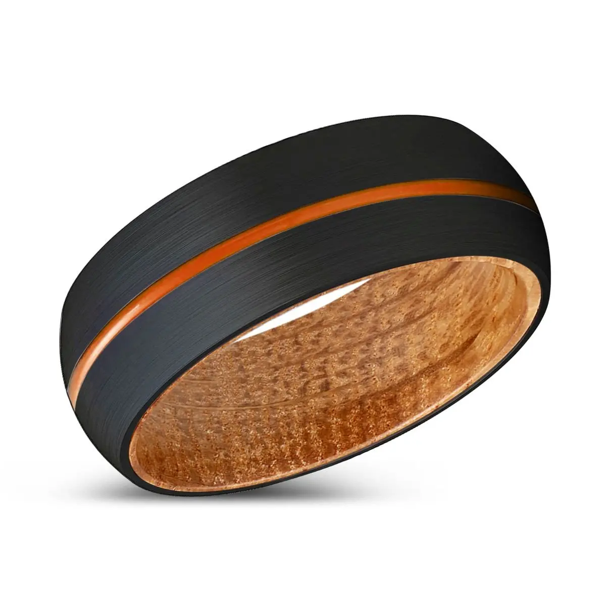Windrose | Whiskey Barrel Wood, Black Tungsten Ring, Orange Groove, Domed 2