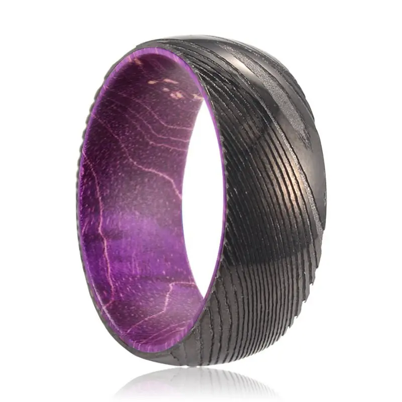 Winkle | Purple Wood, Gunmetal Damascus Steel Ring, Domed 1
