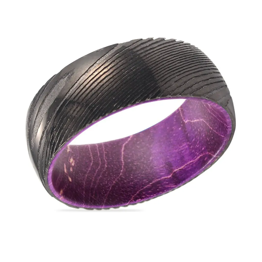 Winkle | Purple Wood, Gunmetal Damascus Steel Ring, Domed 2