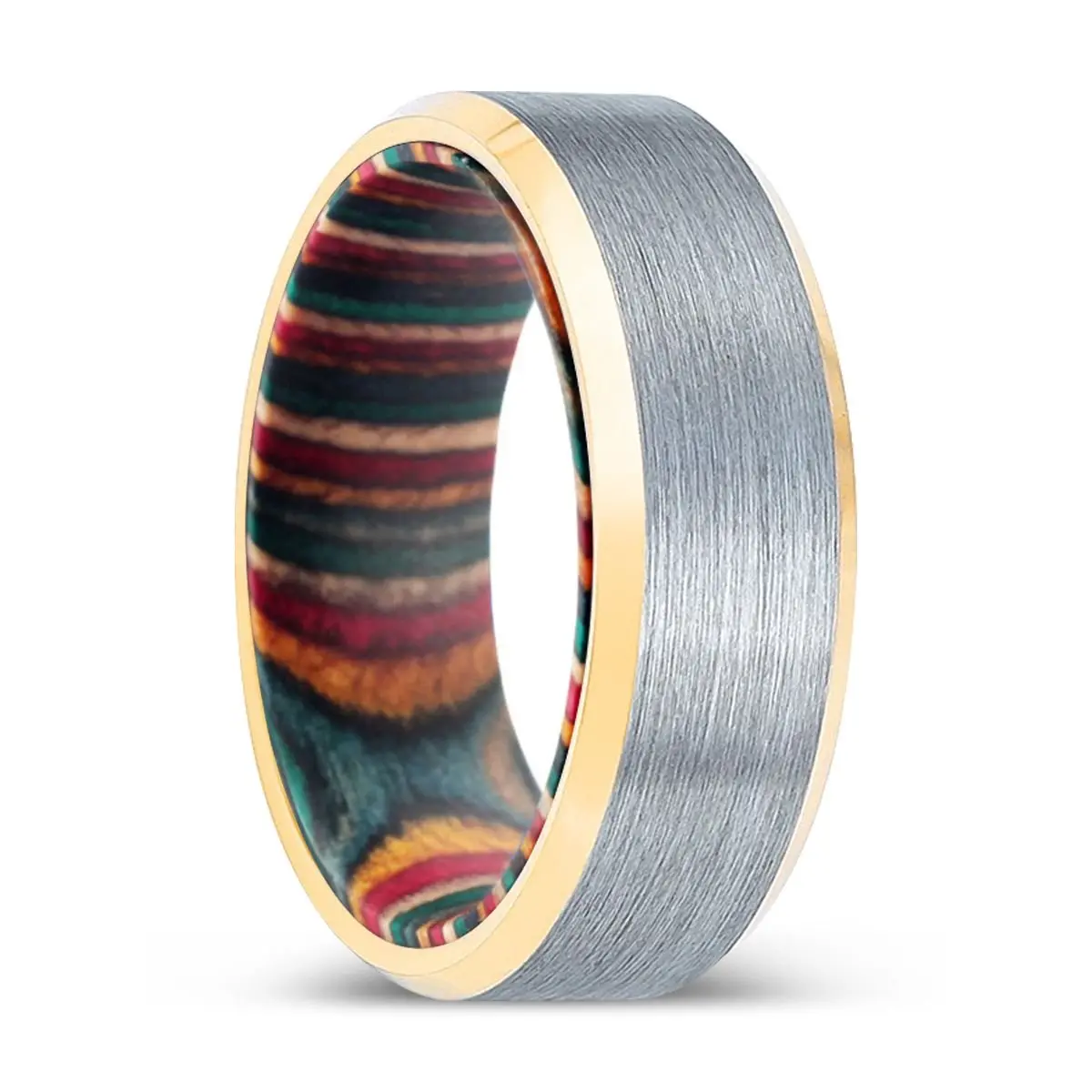 Woderos | Multi Color Wood, Brushed, Silver Tungsten Ring, Gold Beveled Edges 1