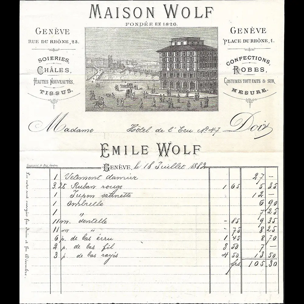 Wolf - Facture De La Maison, 23 Rue Du Rhône Genève (1882) 1
