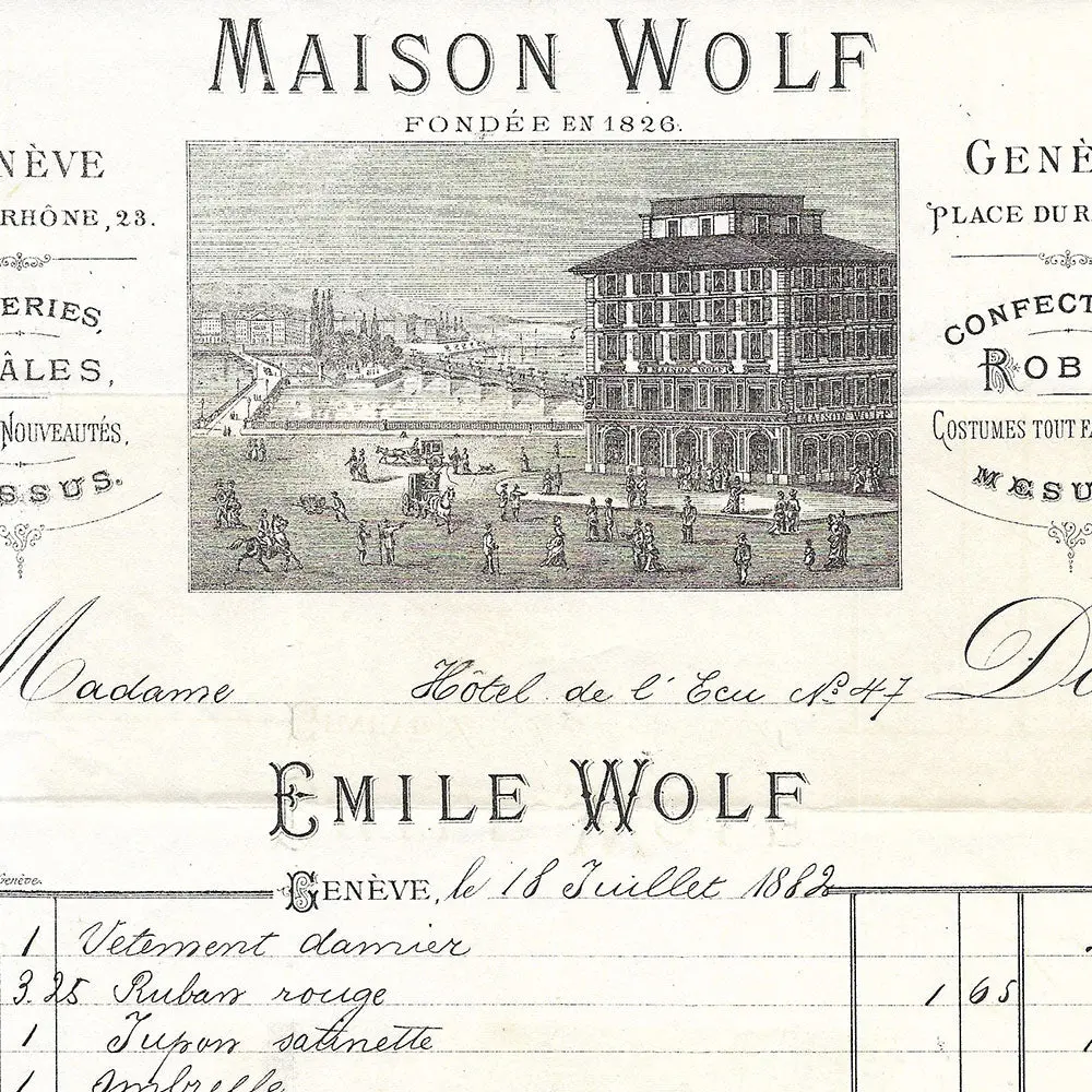 Wolf - Facture De La Maison, 23 Rue Du Rhône Genève (1882) 2