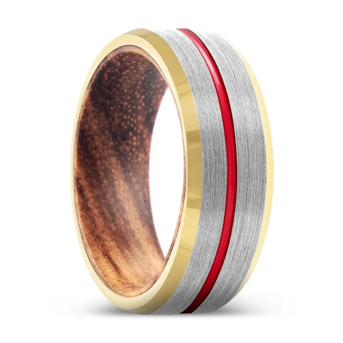Wolfe | Zebra Wood, Silver Tungsten Ring, Red Groove, Gold Beveled Edge 1