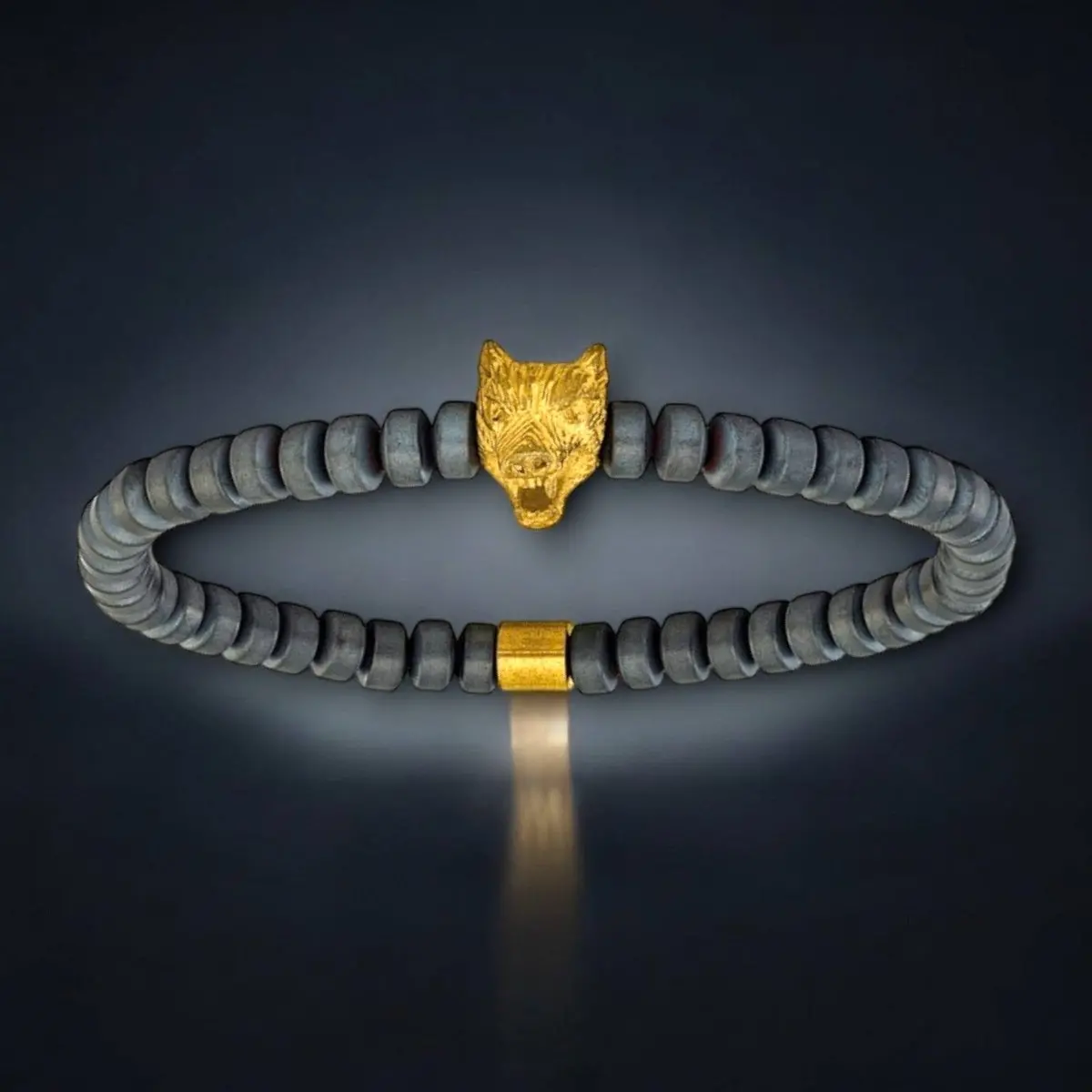 Men's Beaded Bracelet - Hematite Beads & Wolf Head Charm | Stainless Steel, Yellow Ip-Plated 1