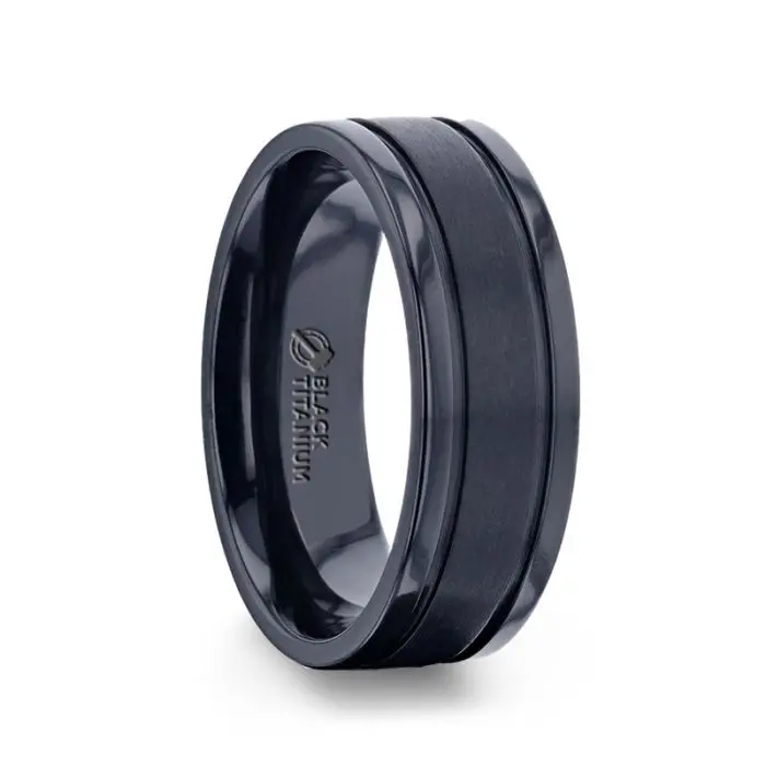Wolverine Brushed Center Black Titanium Men's Wedding Band With Polished Dual Offset Grooves - 8Mm 1