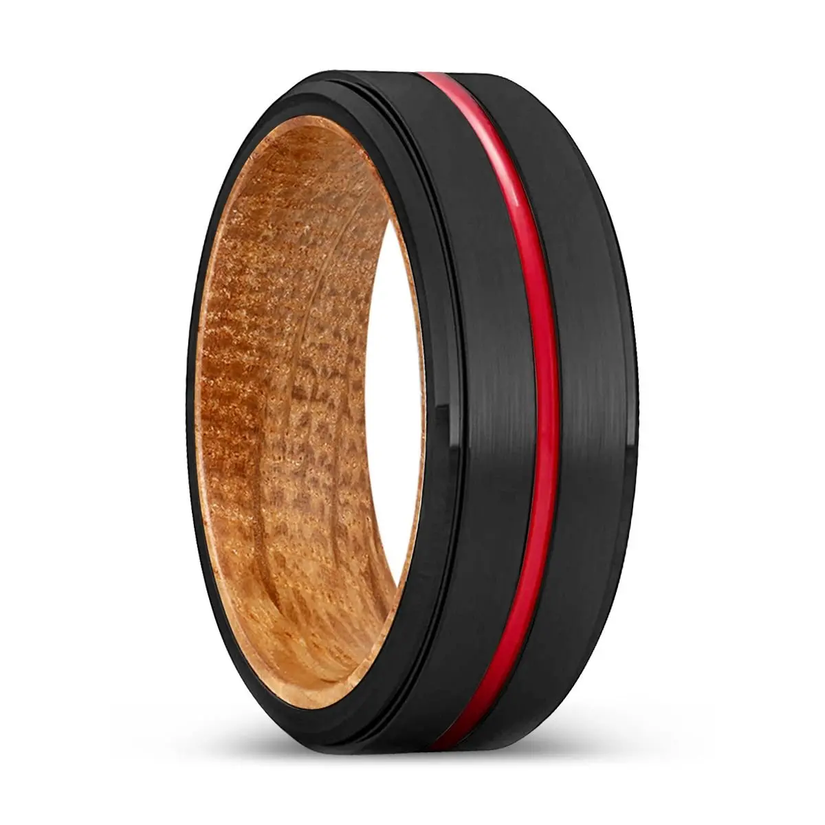 Wonder | Whiskey Barrel Wood, Black Tungsten Ring, Red Groove, Stepped Edge 1