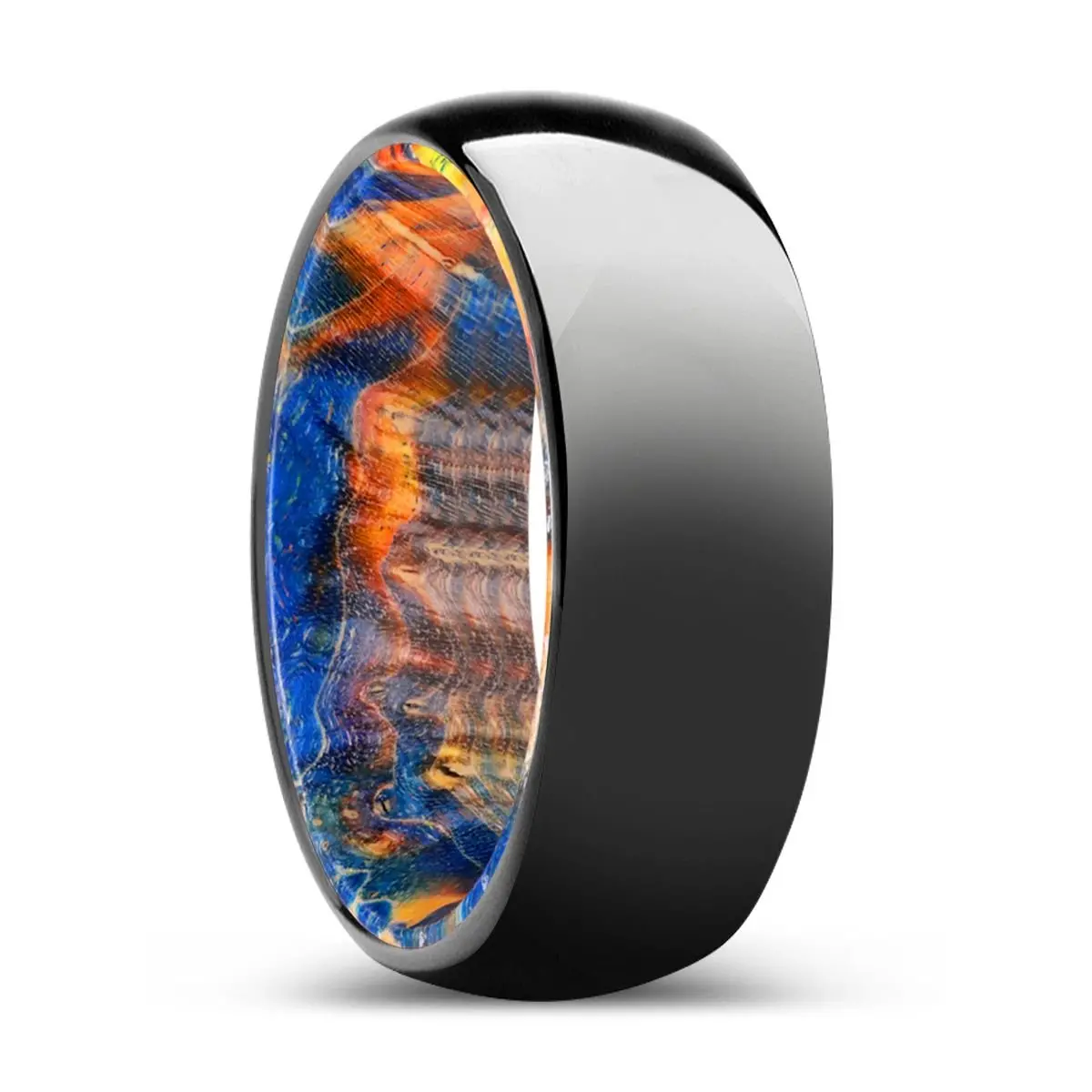 Woodland | Blue & Yellow/Orange Wood, Black Tungsten Ring, Shiny, Domed 1