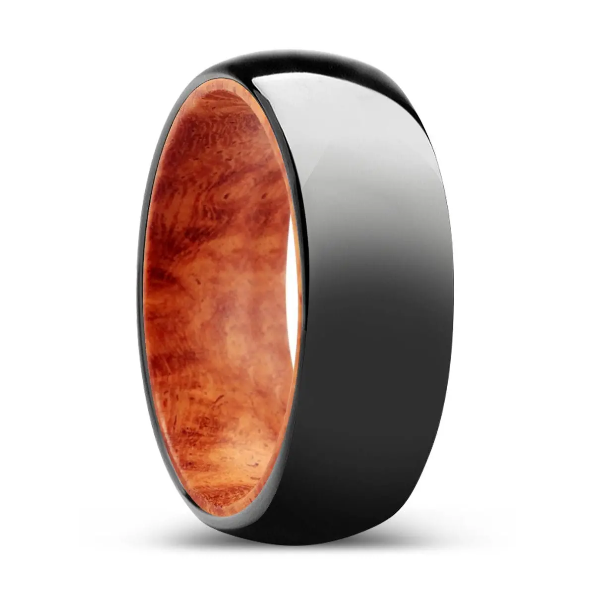 Woodlandia | Red Burl Wood, Black Tungsten Ring, Shiny, Domed Tungsten 1