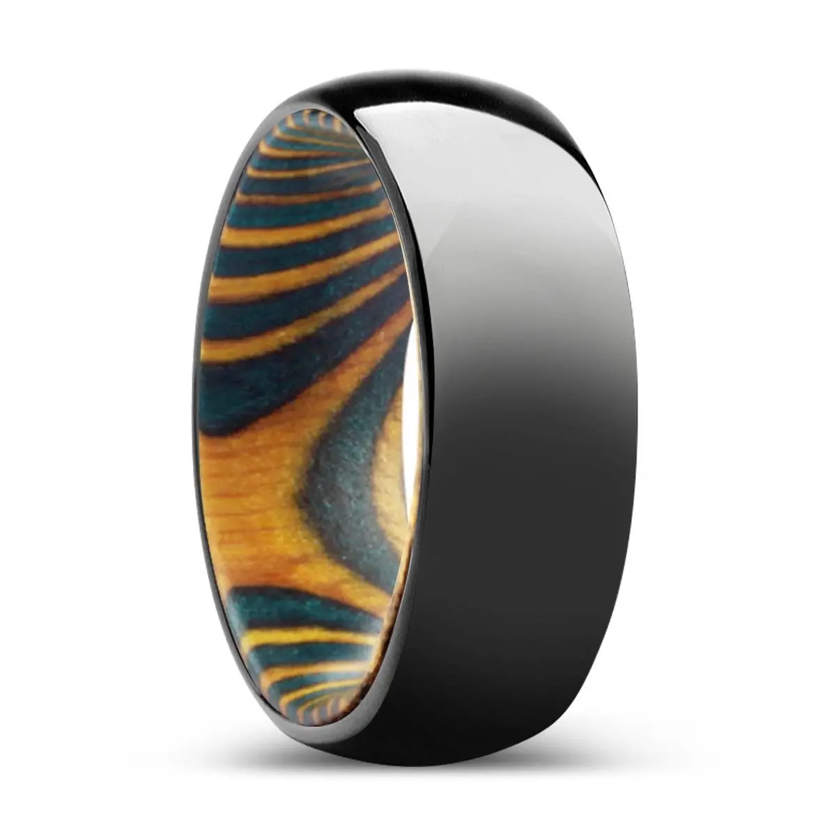 Woodlore | Green & Yellow Wood, Black Tungsten Ring, Shiny, Domed 1