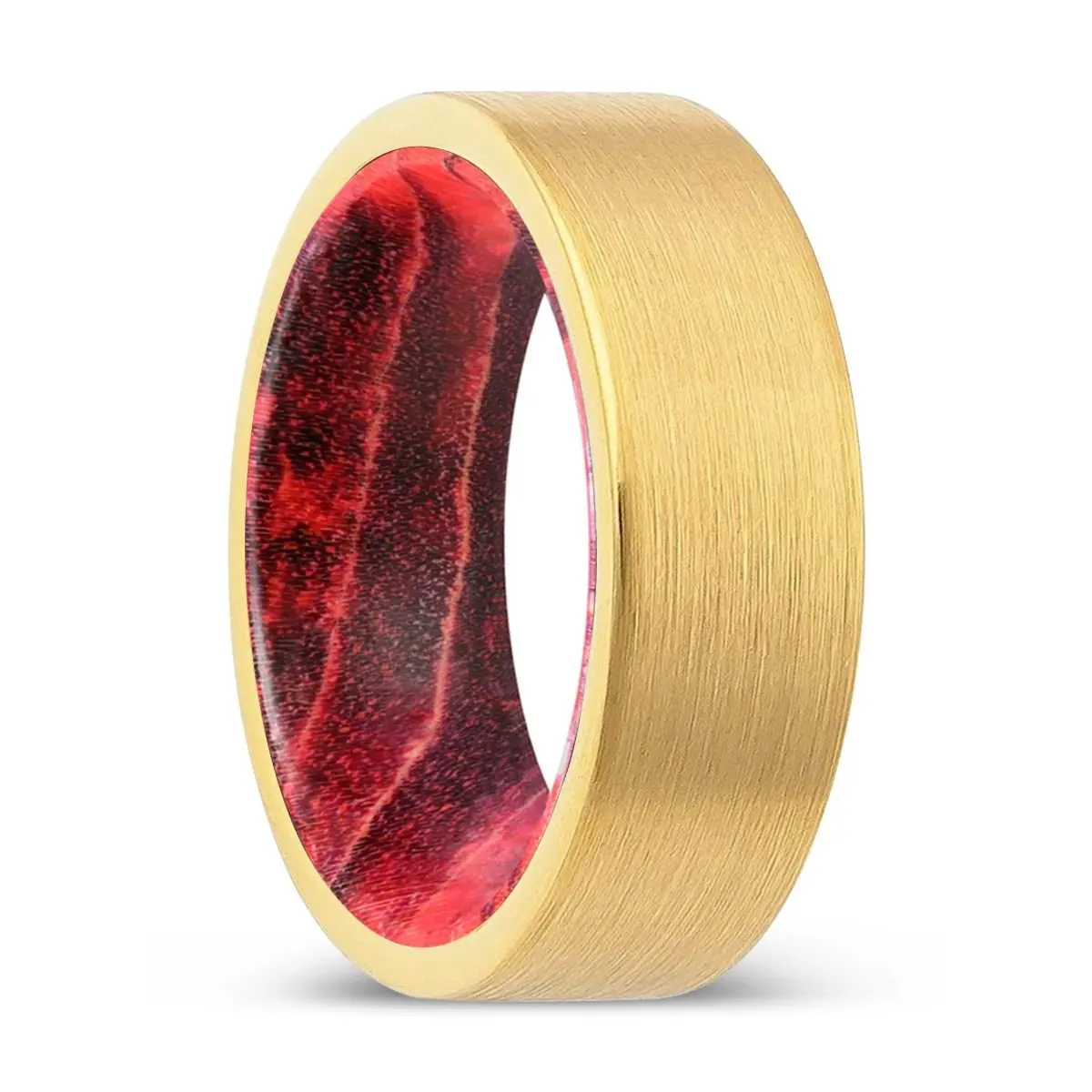 Woodpine | Black & Red Wood, Gold Tungsten Ring, Brushed, Flat 1