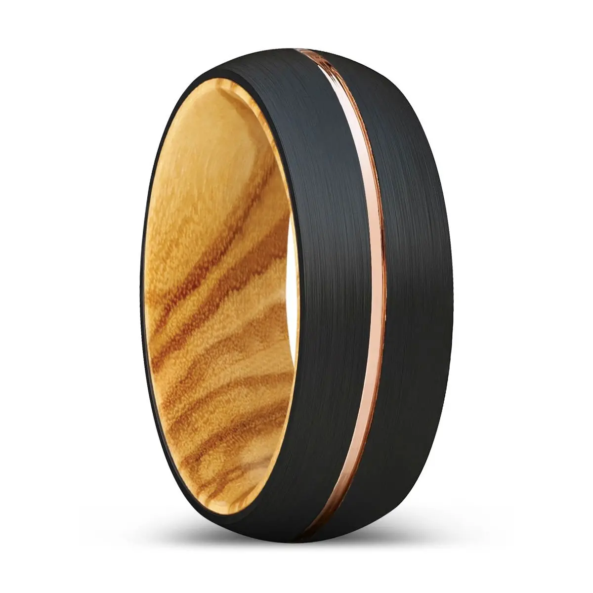 Woods | Olive Wood, Black Tungsten Ring, Rose Gold Groove, Domed 1
