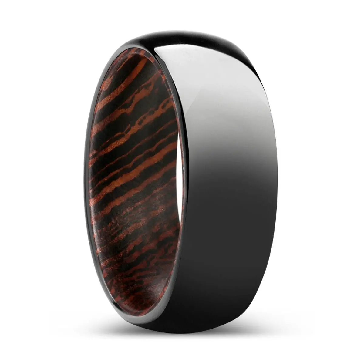 Woodvale | Wenge Wood, Black Tungsten Ring, Shiny, Domed 1