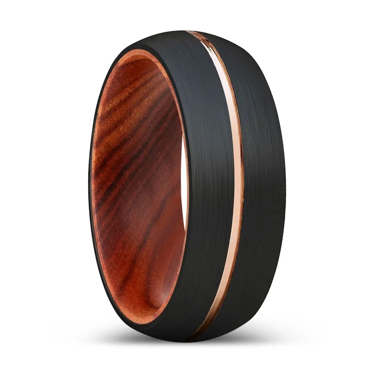 Woody | Iron Wood, Black Tungsten Ring, Rose Gold Groove, Domed 1